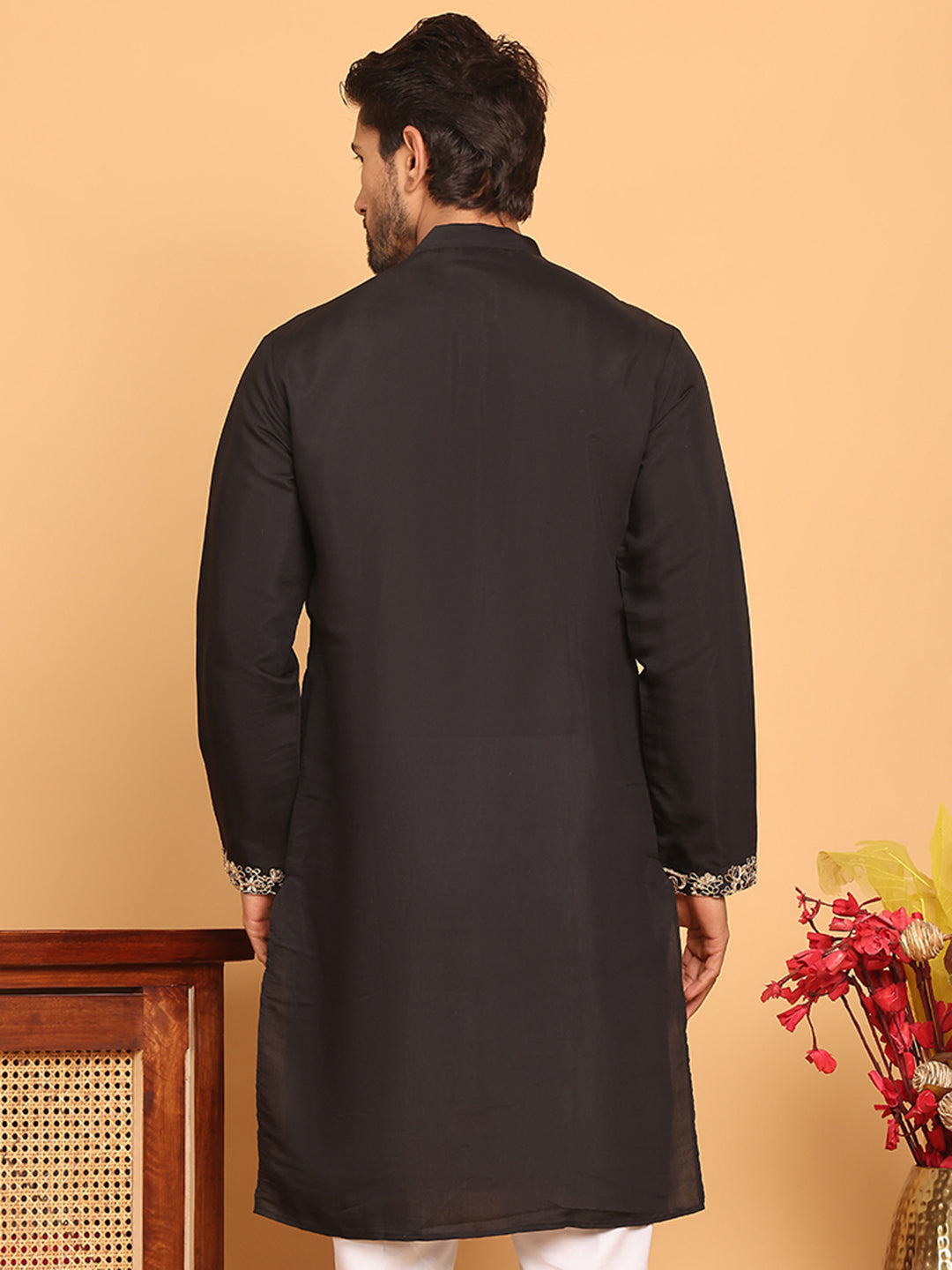 Black Embroidered Straight Kurtas For Men