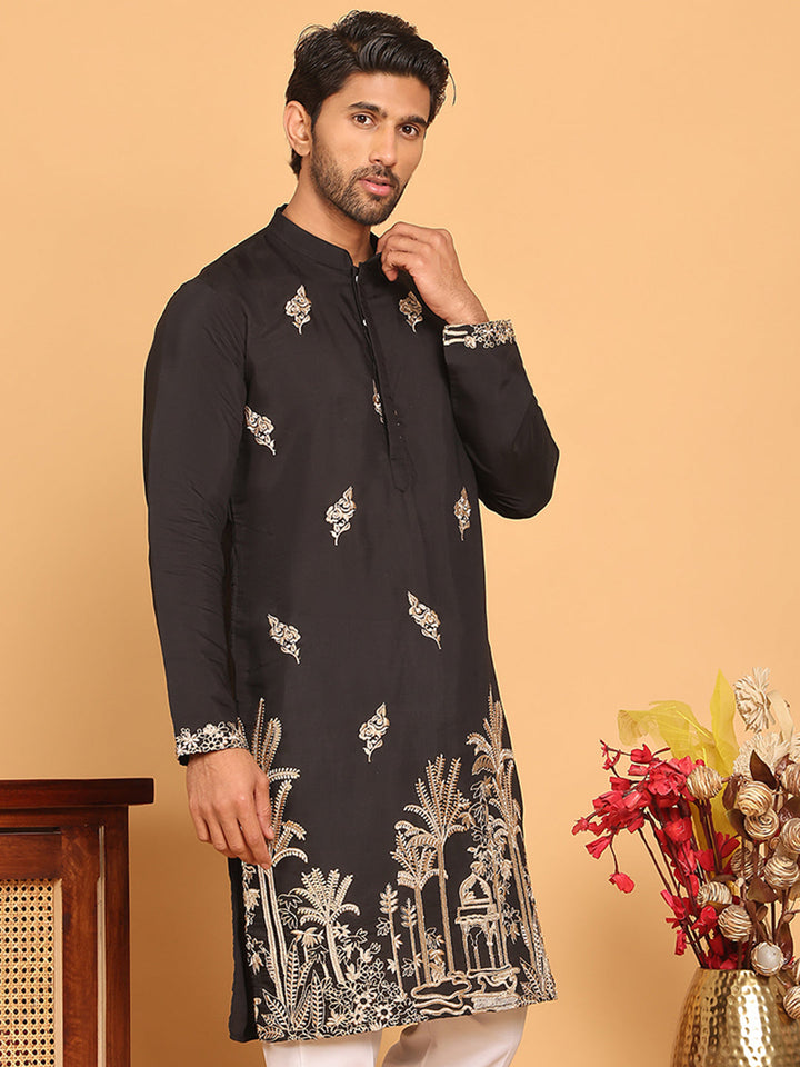 Black Embroidered Straight Kurtas For Men