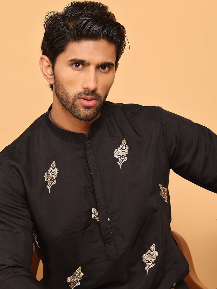 Black Embroidered Straight Kurtas For Men