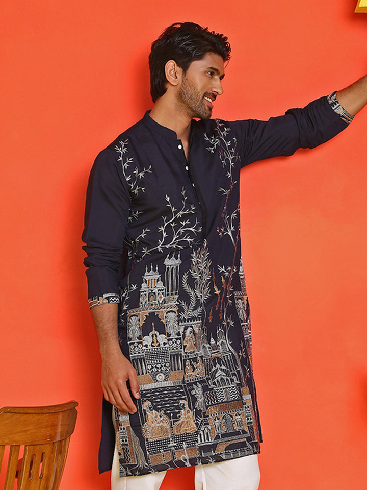 Navy Blue Embroidered Straight Kurtas For Men