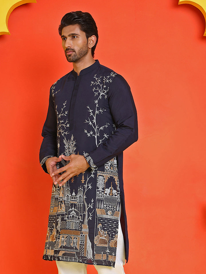 Navy Blue Embroidered Straight Kurtas For Men