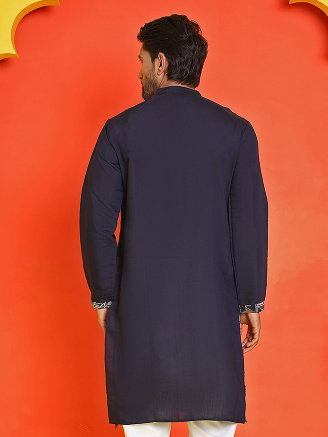 Navy Blue Embroidered Straight Kurtas For Men