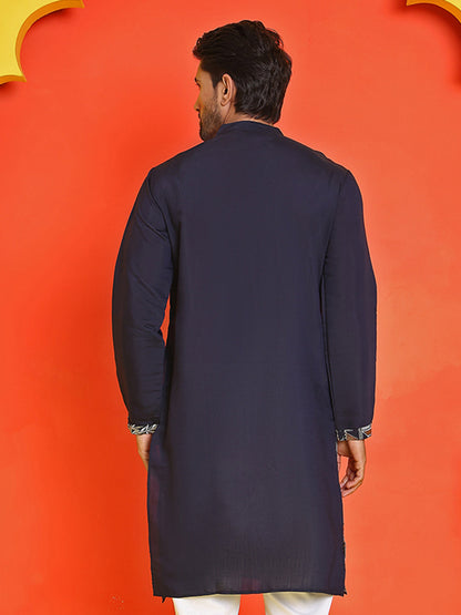 Navy Blue Embroidered Straight Kurtas For Men