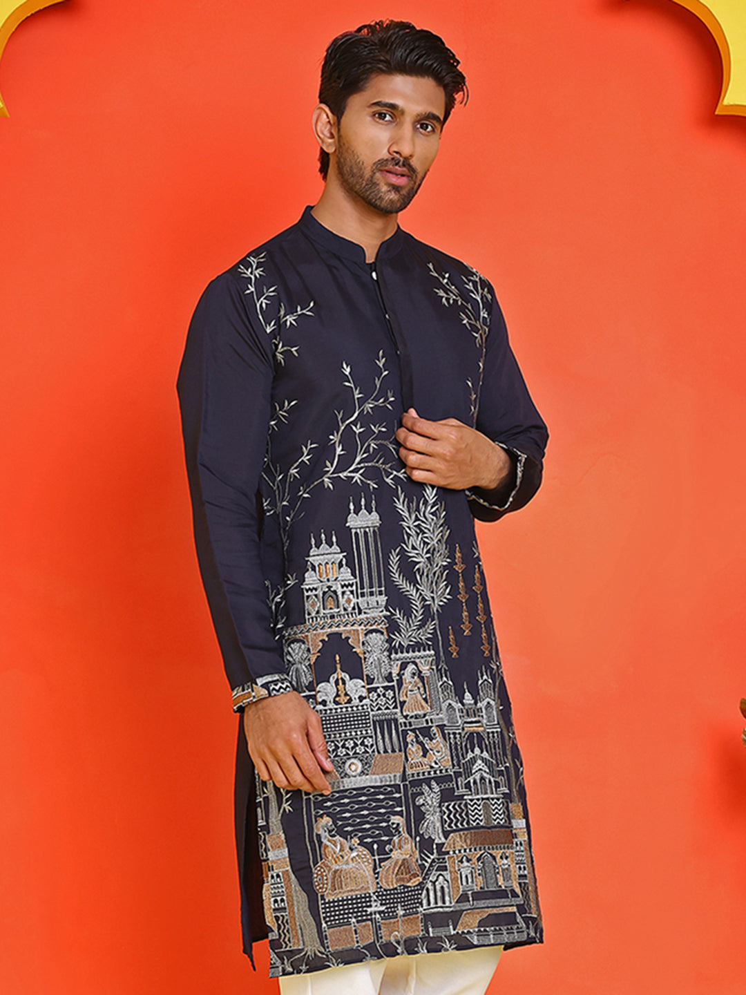 Navy Blue Embroidered Straight Kurtas For Men