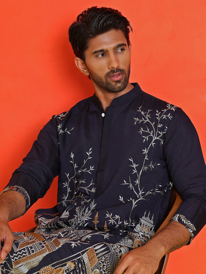 Navy Blue Embroidered Straight Kurtas For Men