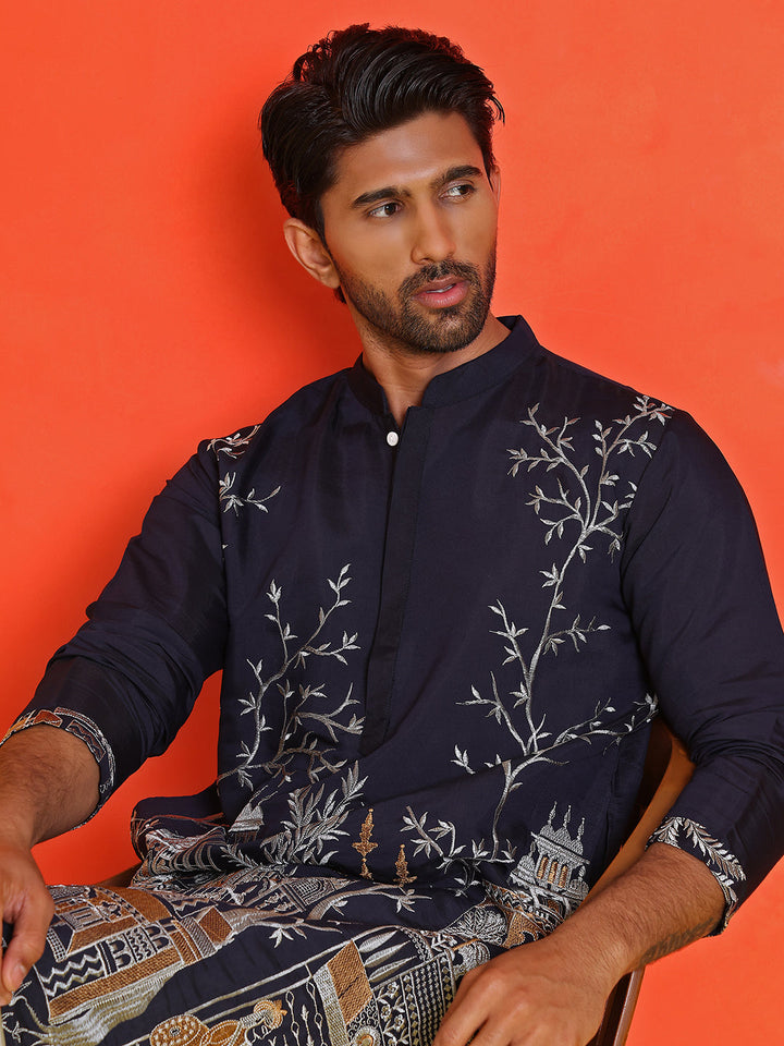Navy Blue Embroidered Straight Kurtas For Men