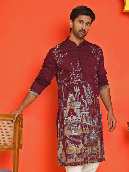 Purple Embroidered Straight Kurtas For Men