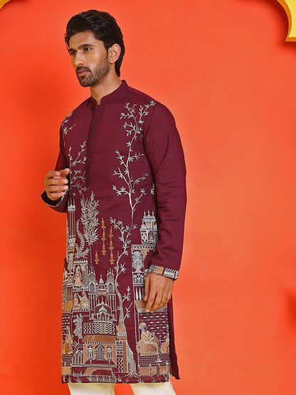 Purple Embroidered Straight Kurtas For Men