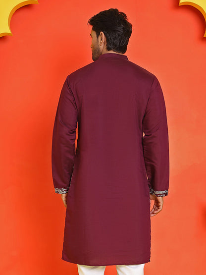 Purple Embroidered Straight Kurtas For Men