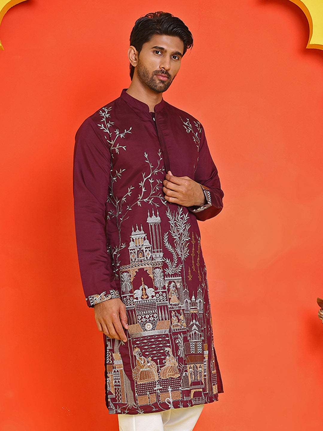 Purple Embroidered Straight Kurtas For Men