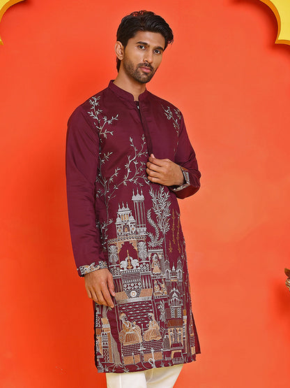 Purple Embroidered Straight Kurtas For Men
