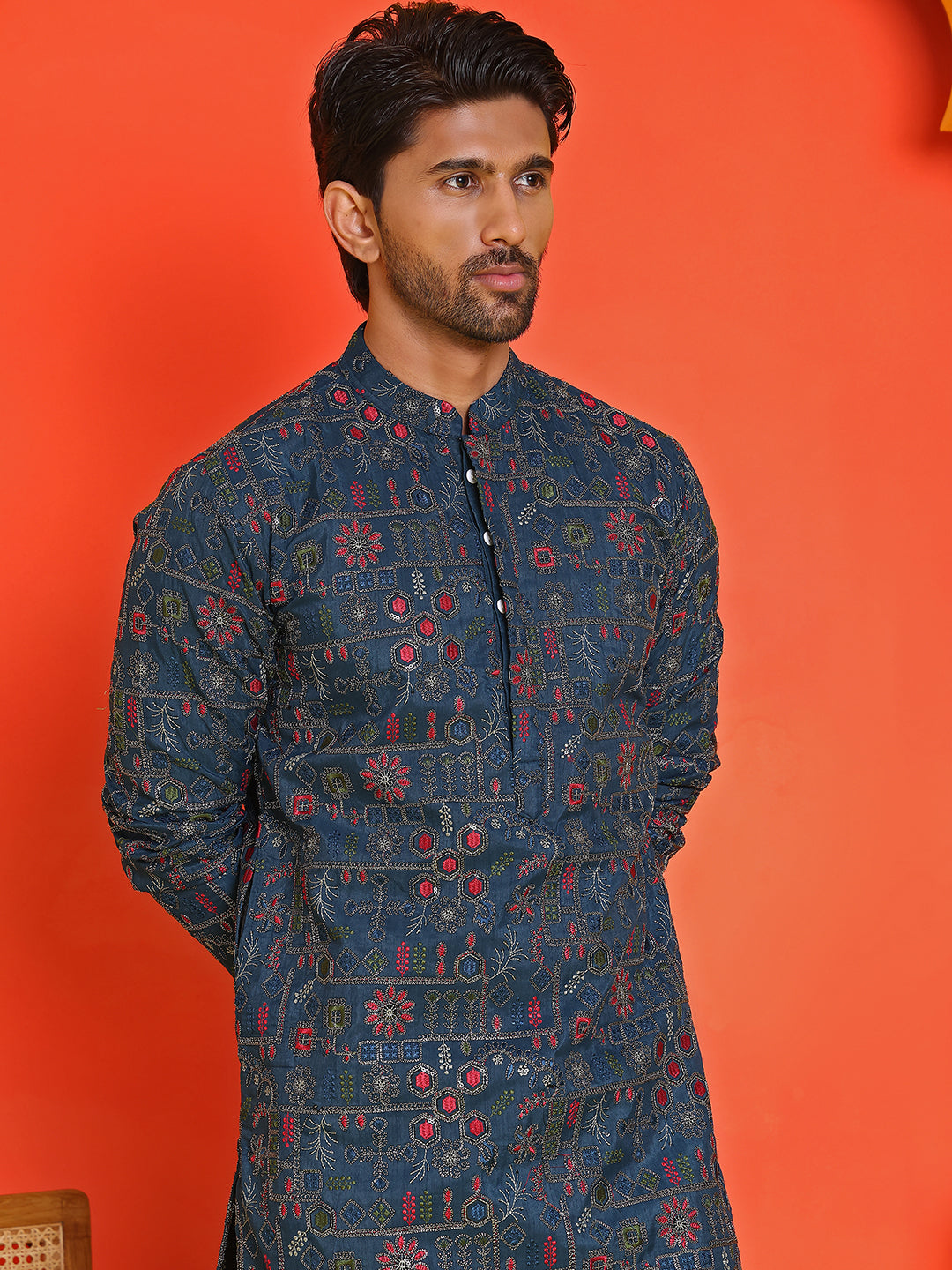 Blue Embroidered Straight Kurtas For Men