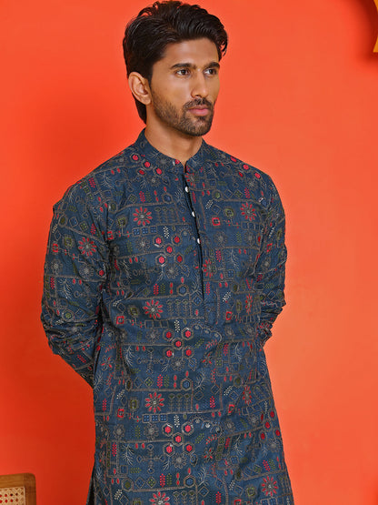 Blue Embroidered Straight Kurtas For Men