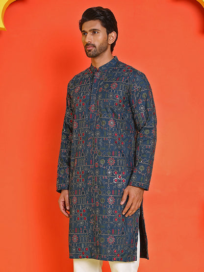 Blue Embroidered Straight Kurtas For Men