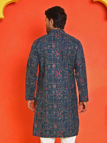 Blue Embroidered Straight Kurtas For Men