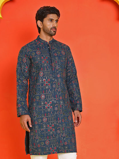Blue Embroidered Straight Kurtas For Men
