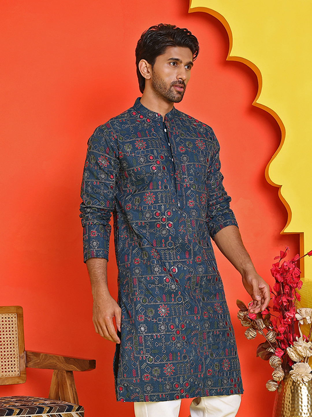 Blue Embroidered Straight Kurtas For Men
