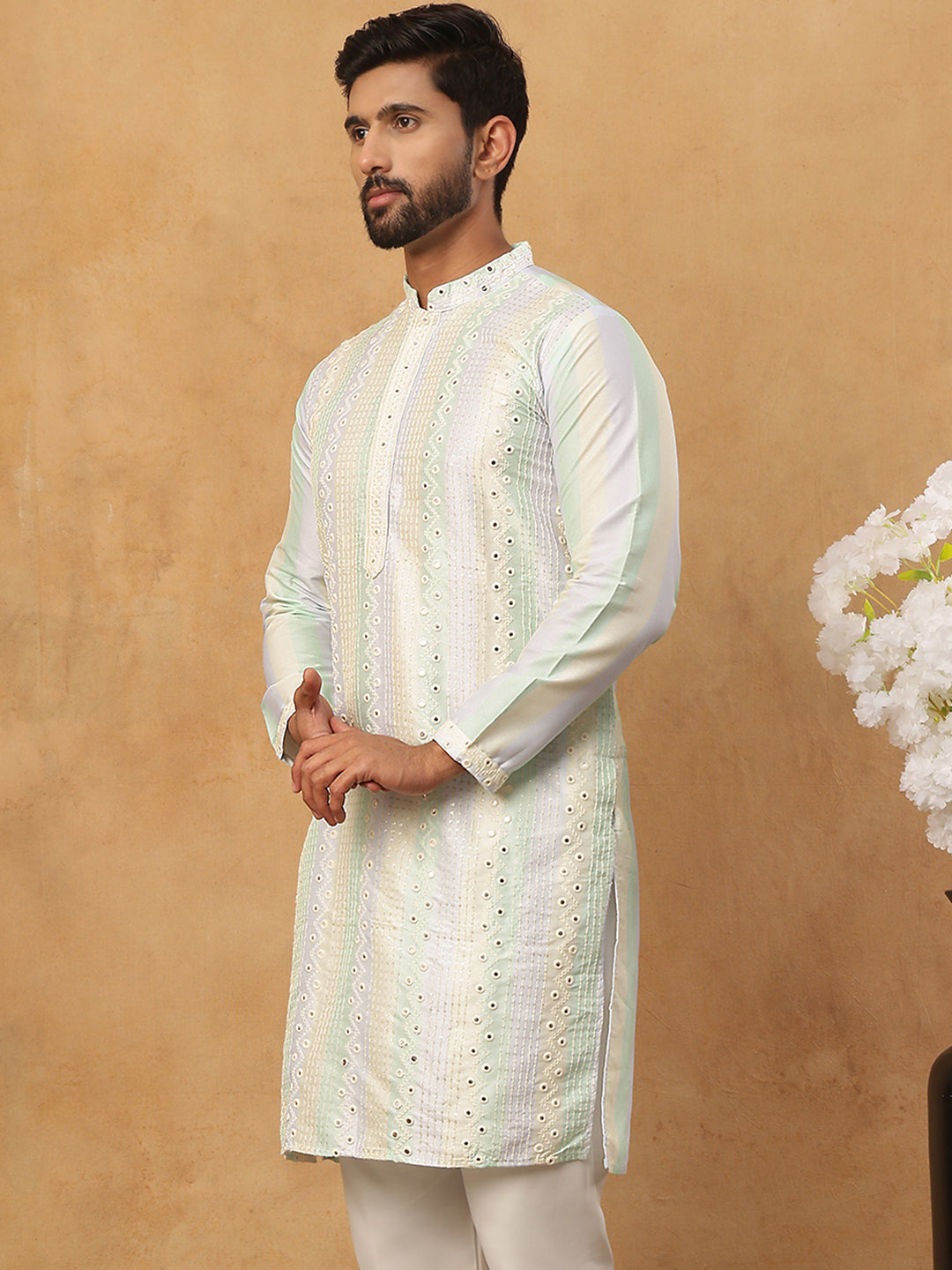 Embroidered And Mirror Work Straight Kurta For Men,