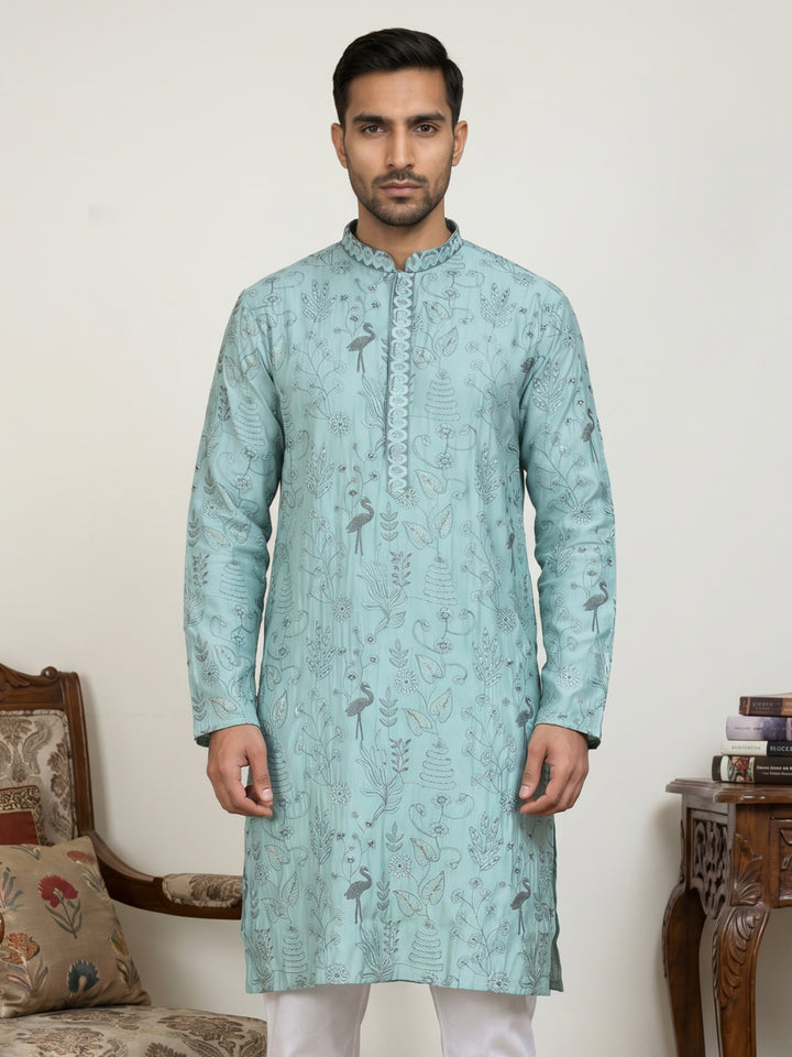 Embroidered Silk Blend Kurta For Men