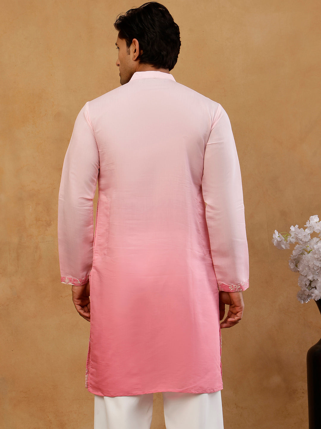 Silk Blend Embroidered Ombre Kurta For Men