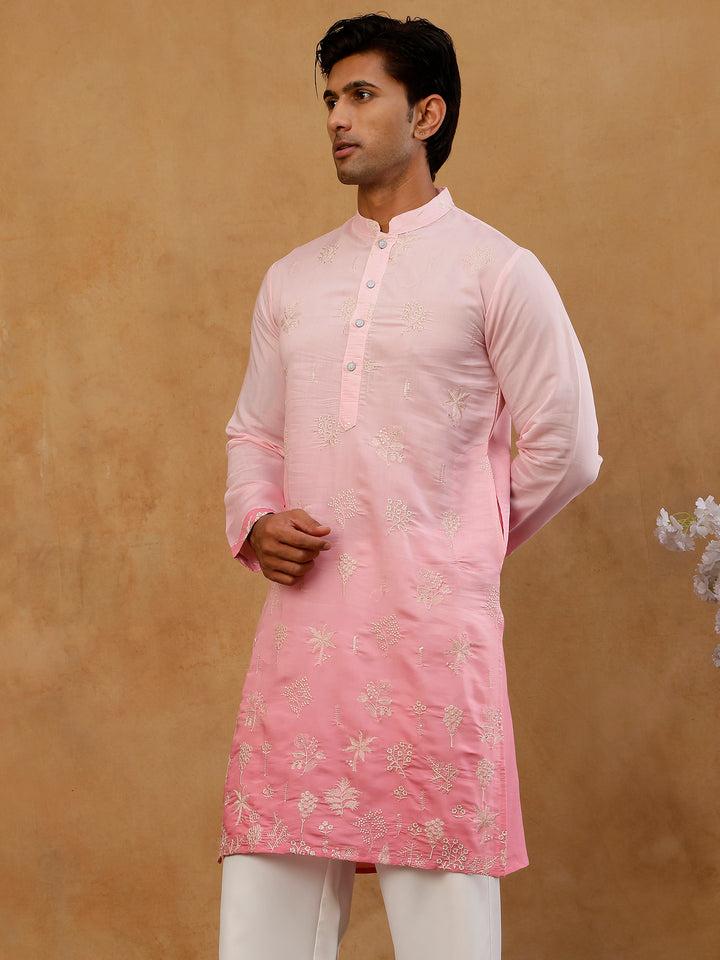 Silk Blend Embroidered Ombre Kurta For Men