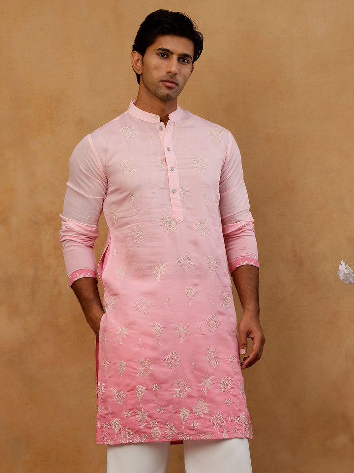 Silk Blend Embroidered Ombre Kurta For Men