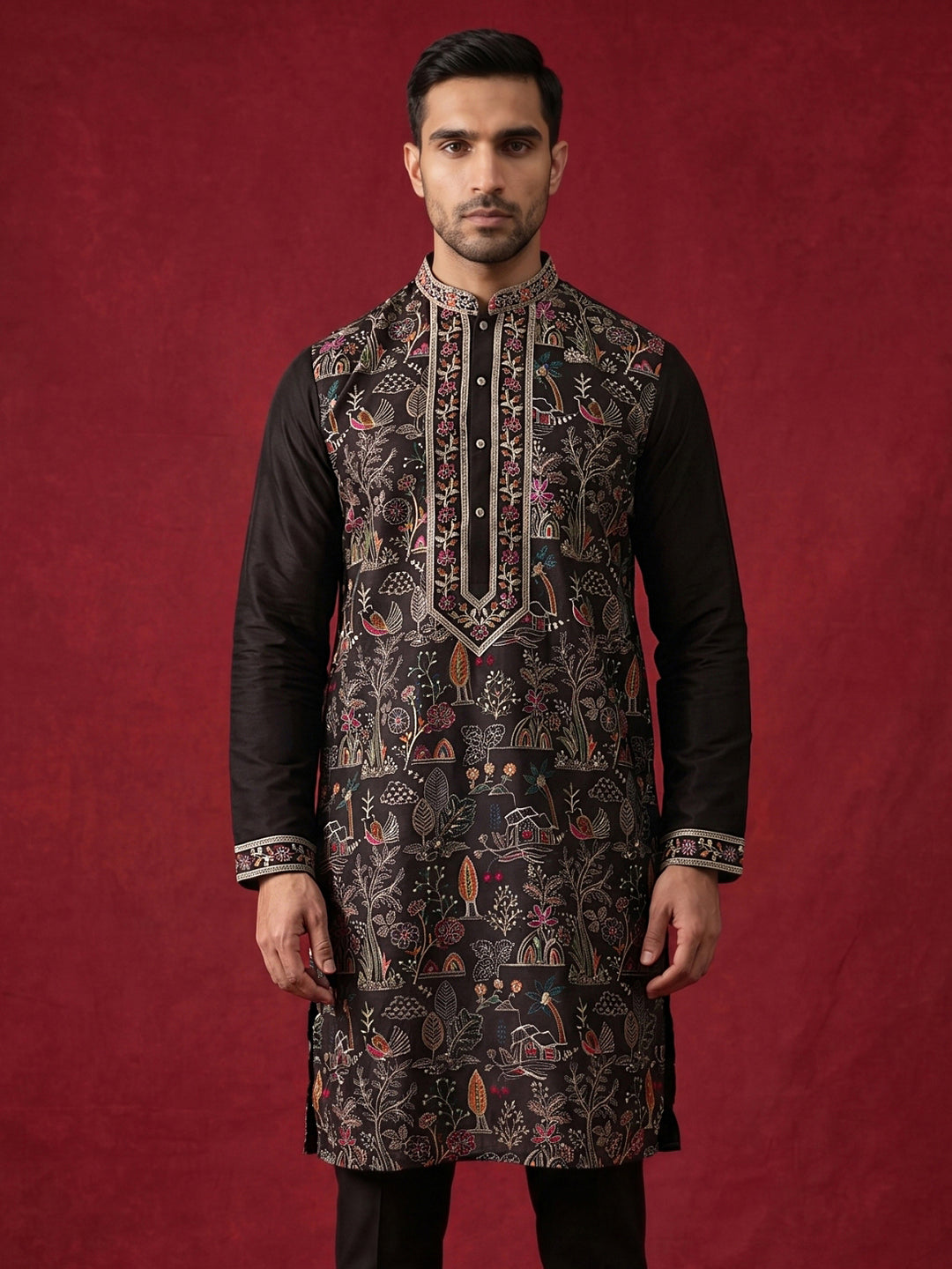 Silk Blend Kurta With Multicolor Embroidery
