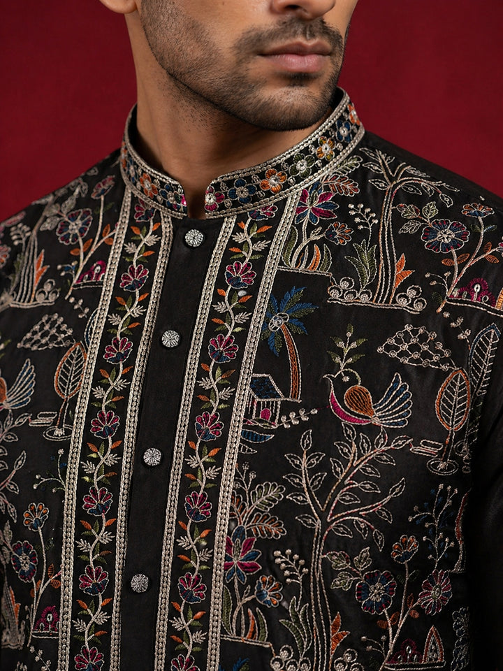 Silk Blend Kurta With Multicolor Embroidery
