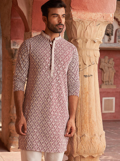 Men'S Maroon Chikankari Embroidered And Sequence Kurtas.