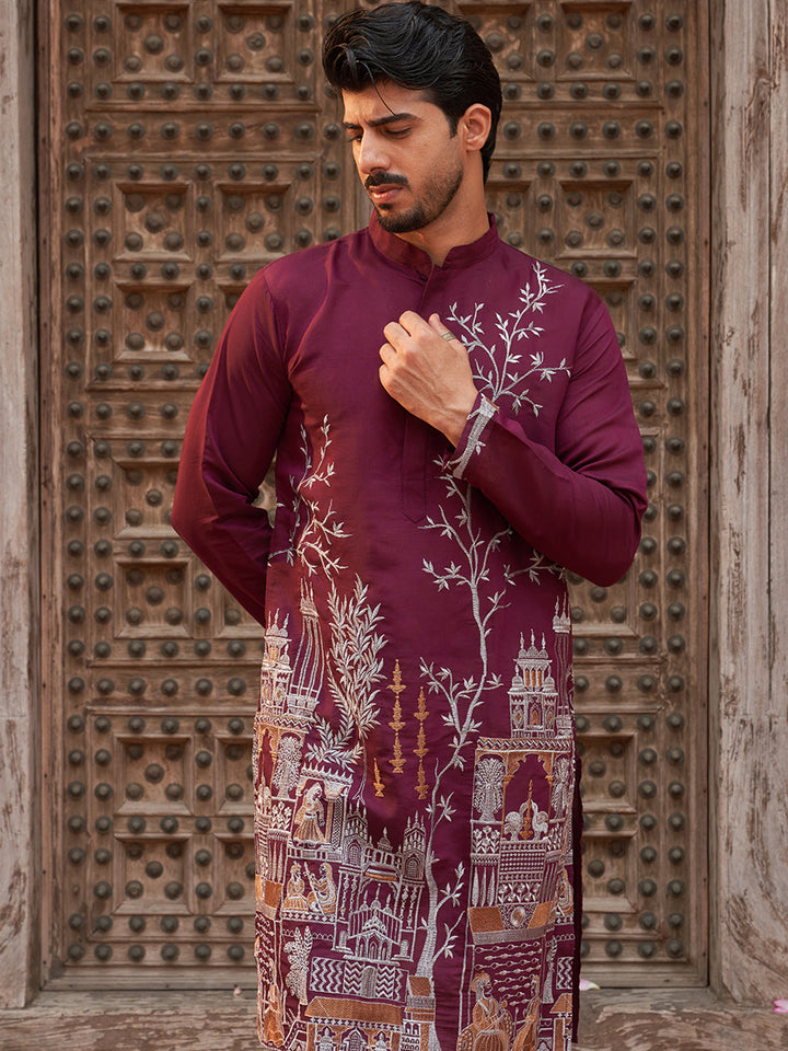Purple Embroidered Straight Kurtas For Men