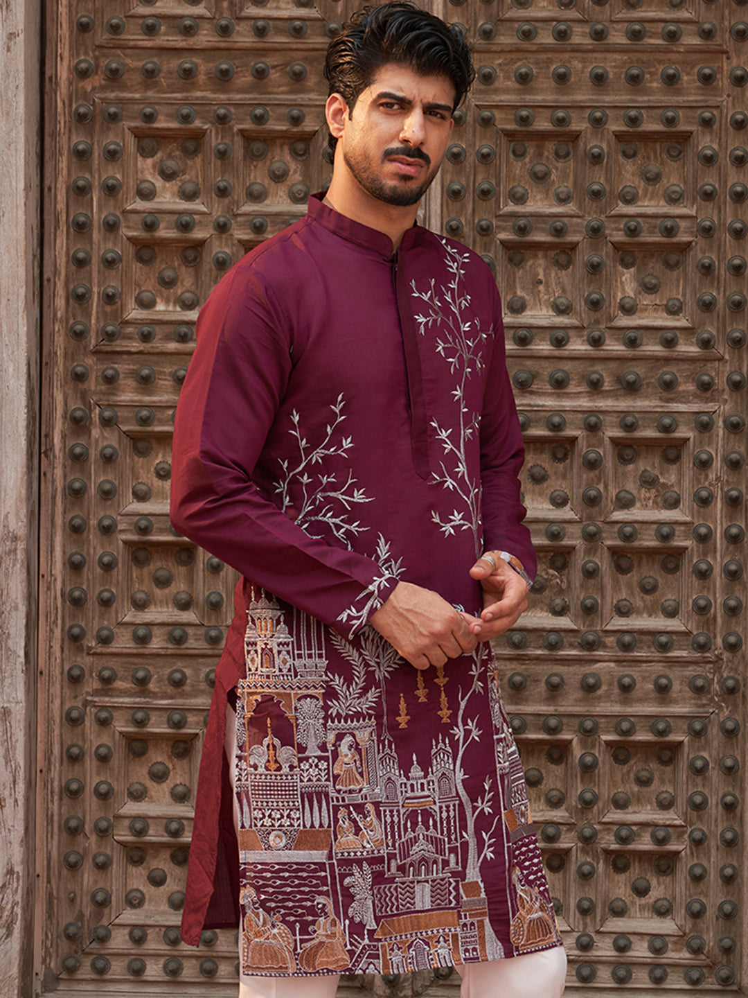 Purple Embroidered Straight Kurtas For Men