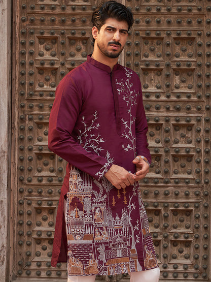 Purple Embroidered Straight Kurtas For Men