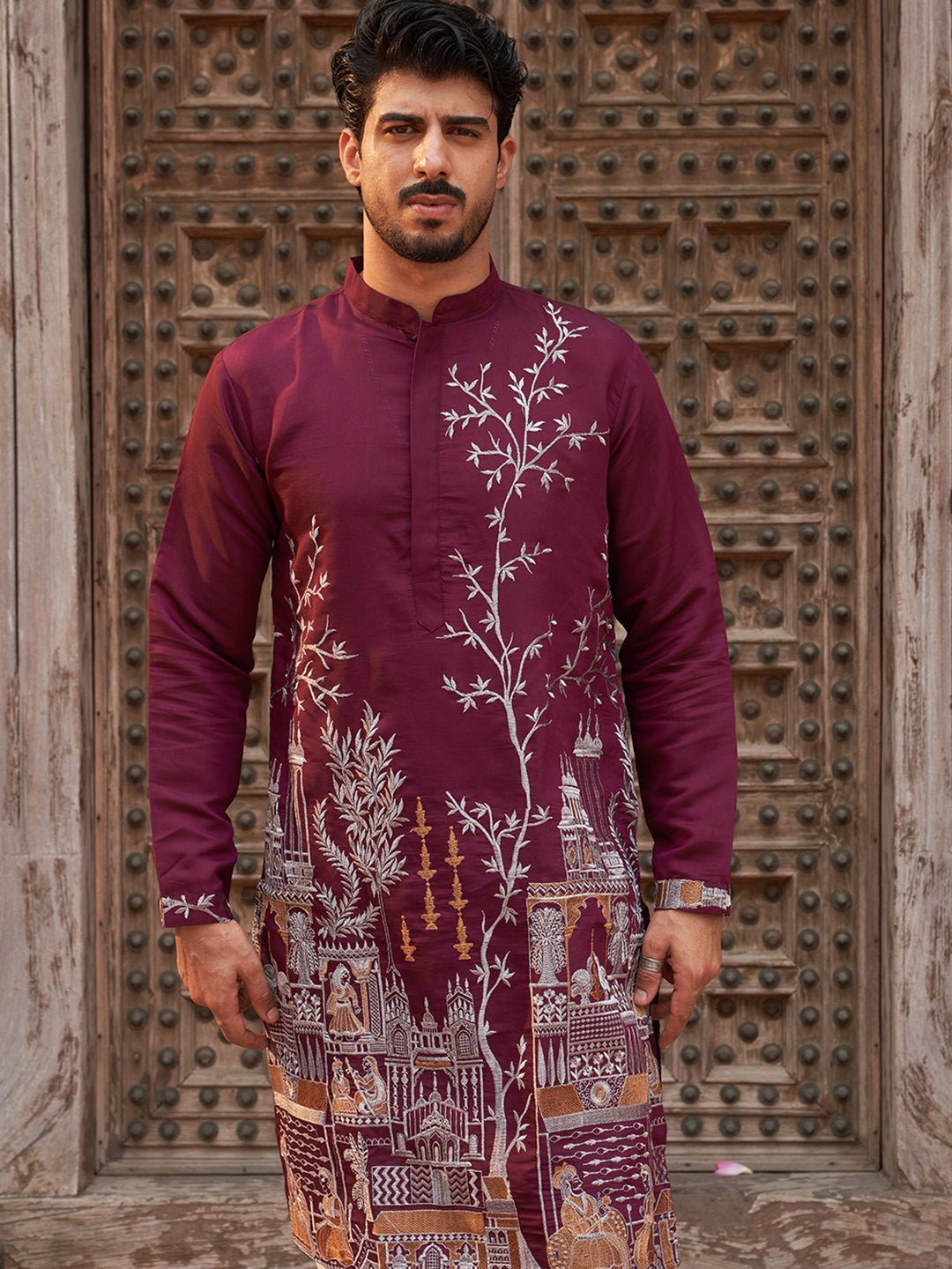 Purple Embroidered Straight Kurtas For Men