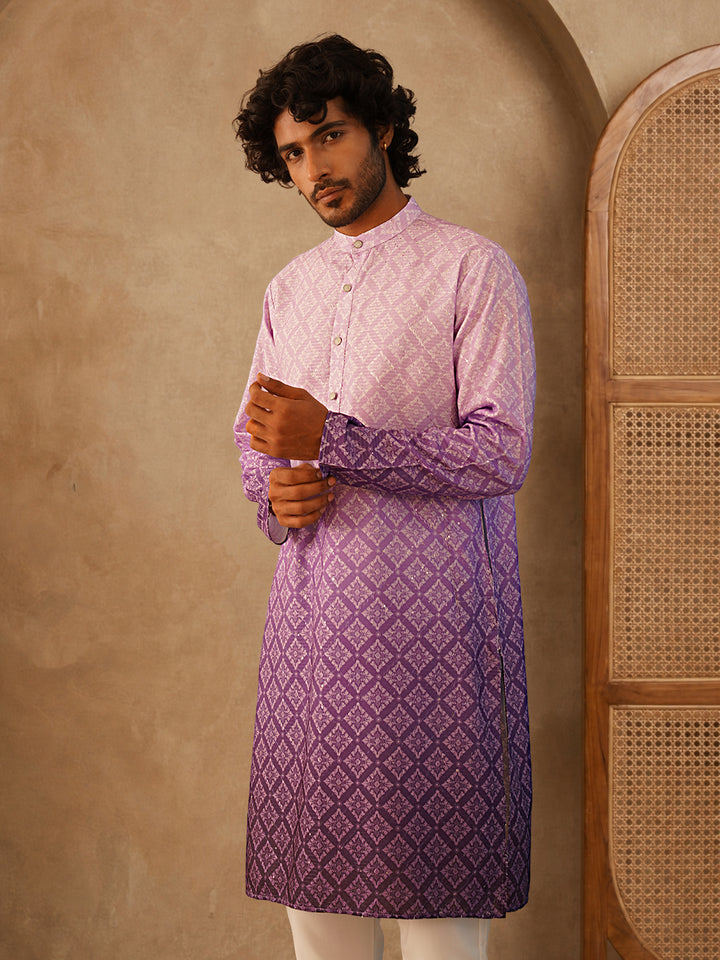 Purple Ombre Printed Kurta For Men
