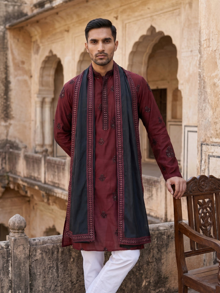 Embroidered &amp; Sequin Kurta With Dupatta