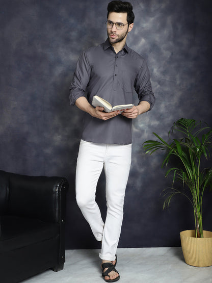 Men'S Grey Solid Short Kurtas