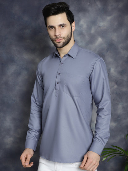 Men'S Light Grey Solid Short Kurtas