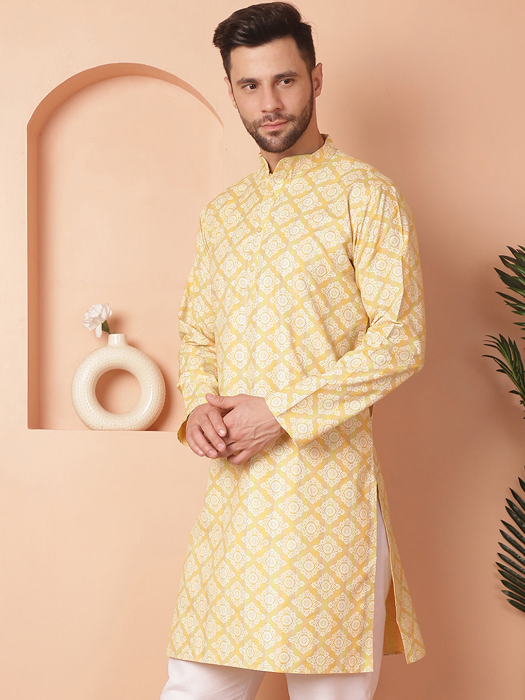 Men Yellow And White Floral Printed Kurtas