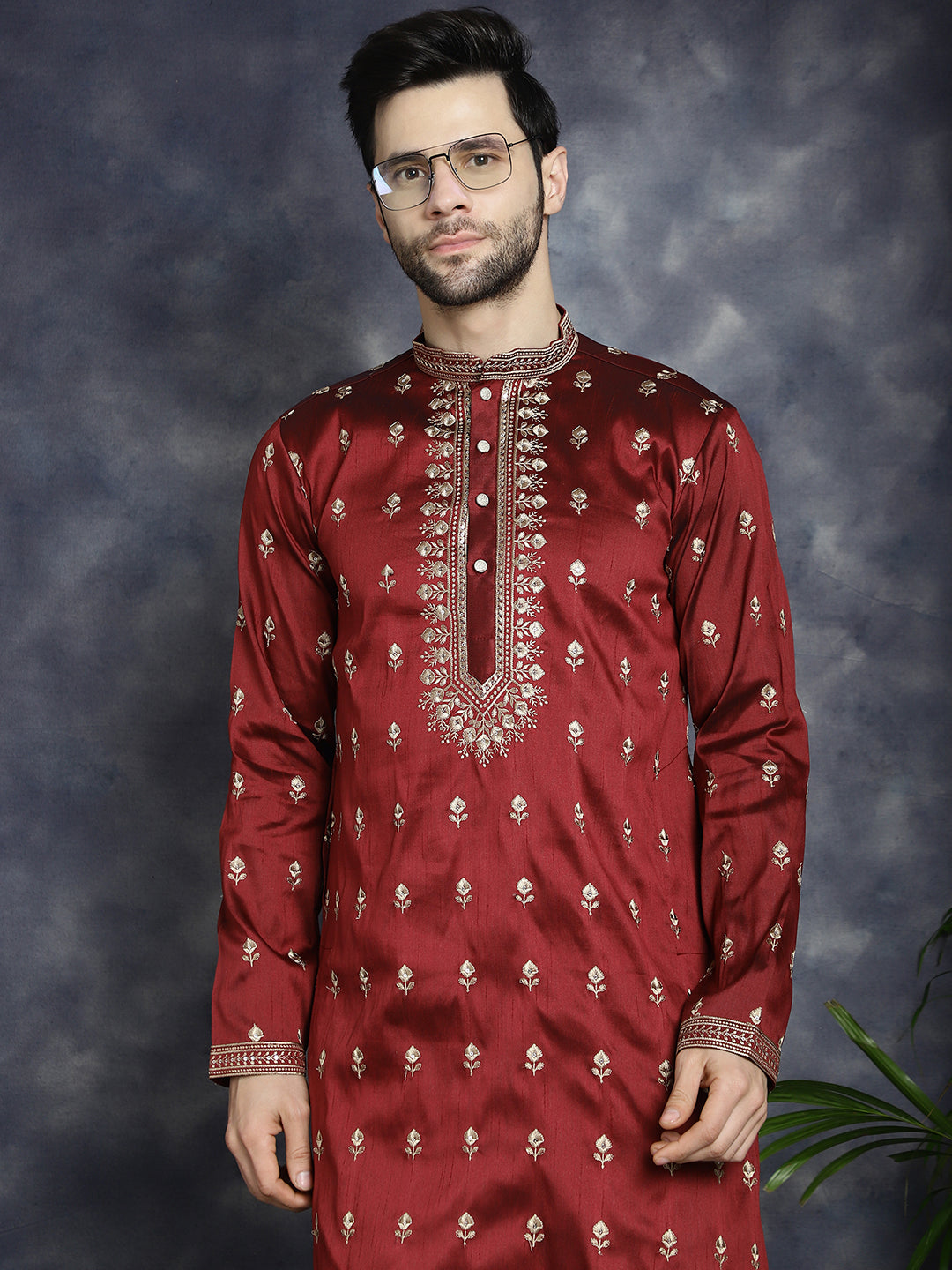 Men'S Maroon Chikankari Embroidered Kurtas