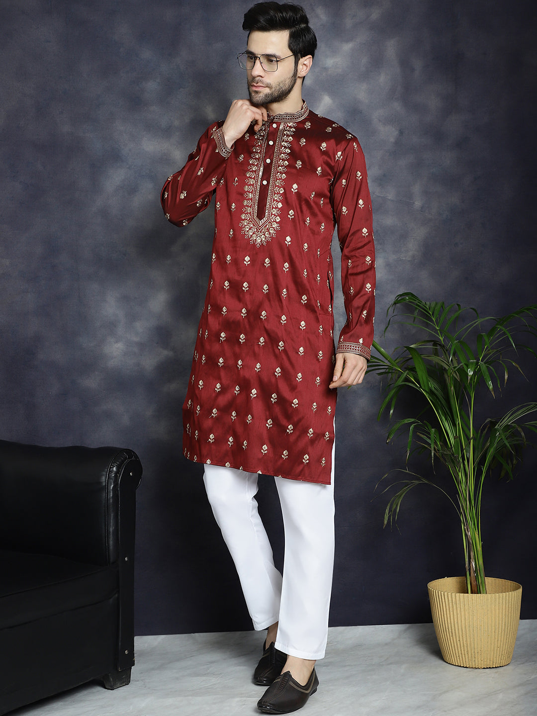 Men'S Maroon Chikankari Embroidered Kurtas