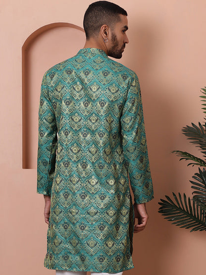 Men Green Silk Blend Straight Kurtas.