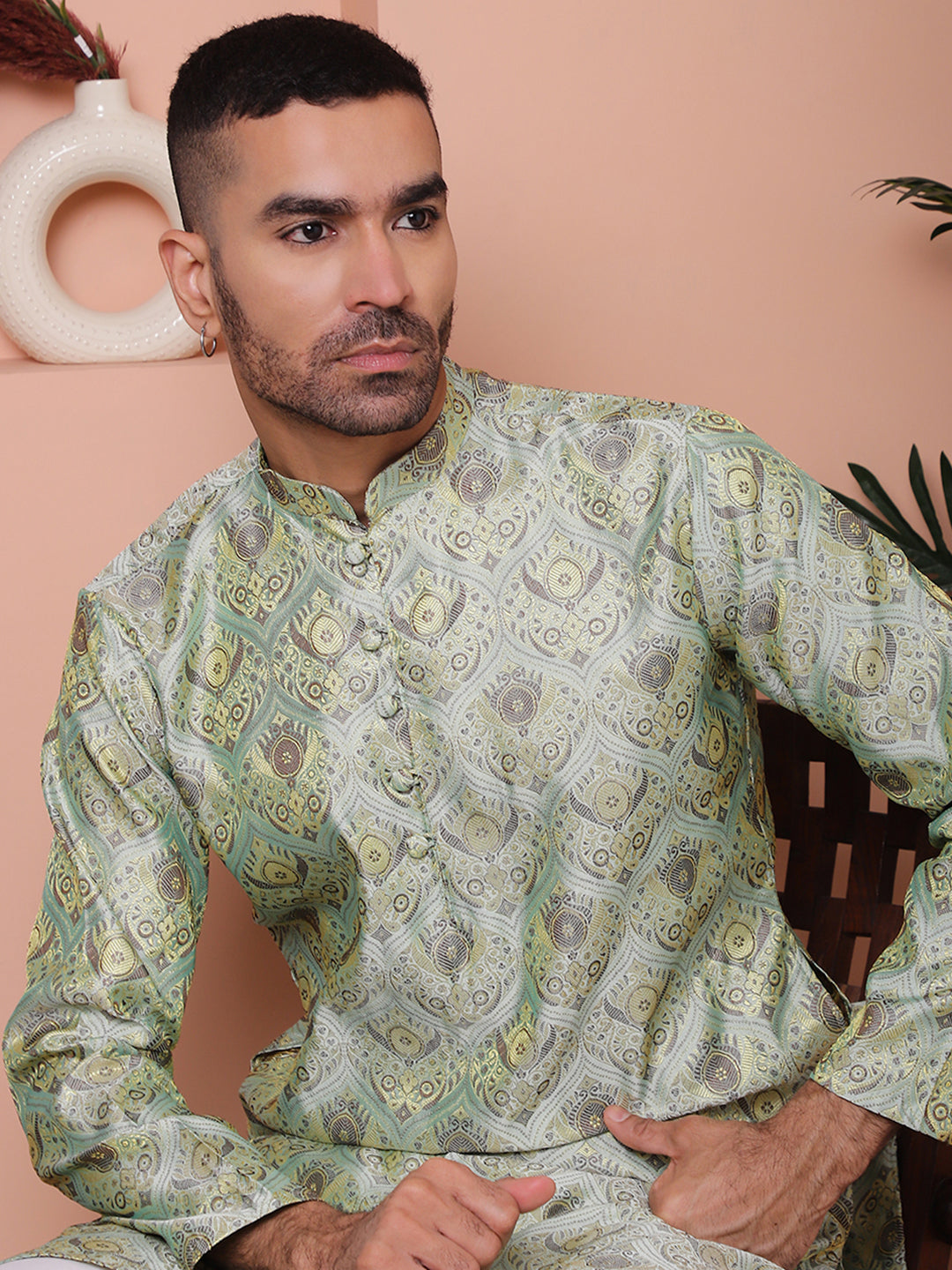 Men Pista Green Silk Blend Straight Kurtas.