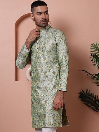 Men Pista Green Silk Blend Straight Kurtas.