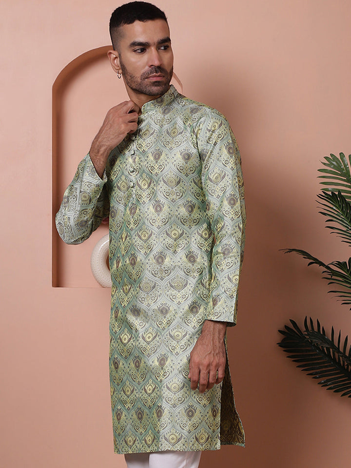 Men Pista Green Silk Blend Straight Kurtas.