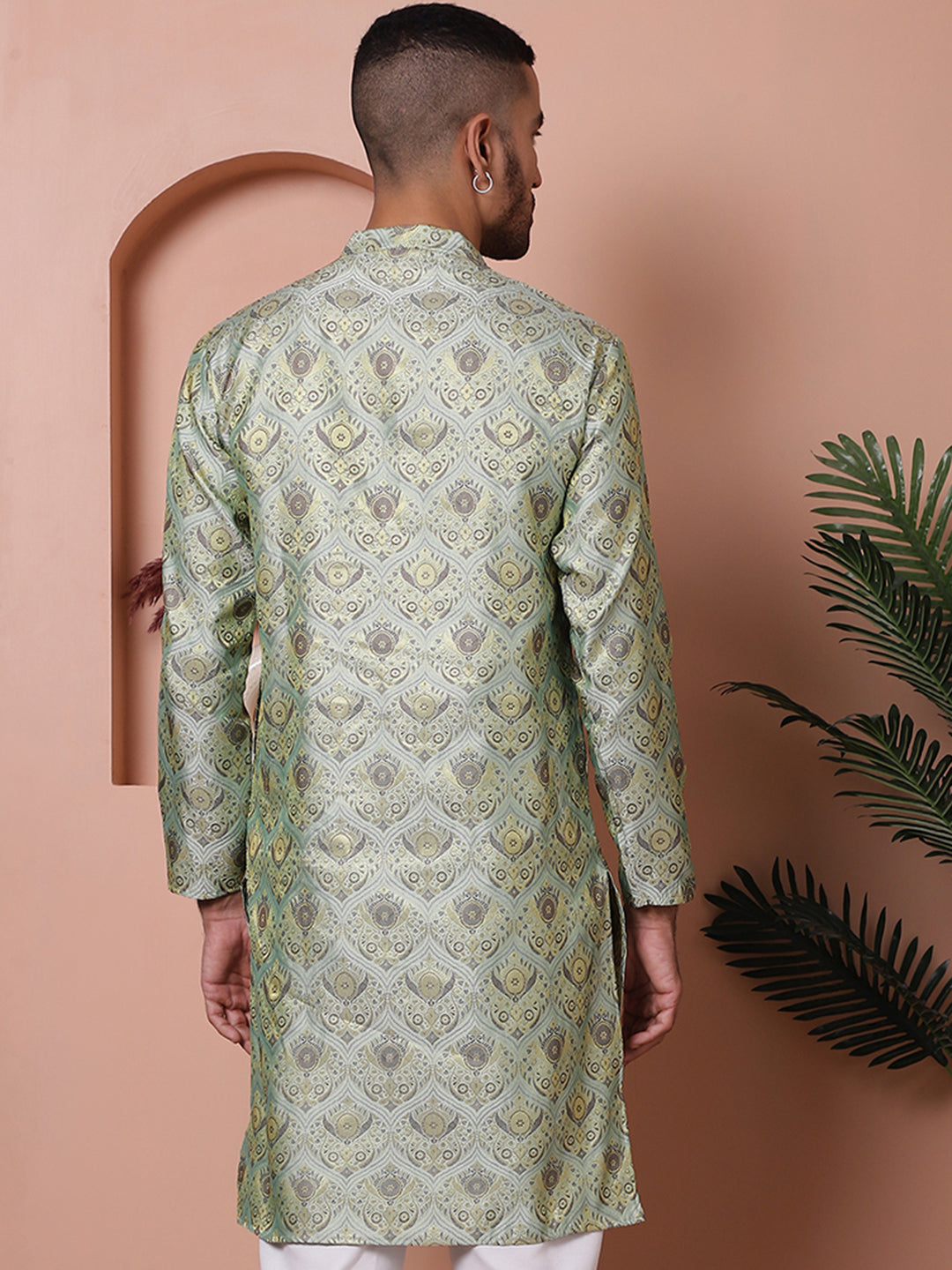 Men Pista Green Silk Blend Straight Kurtas.
