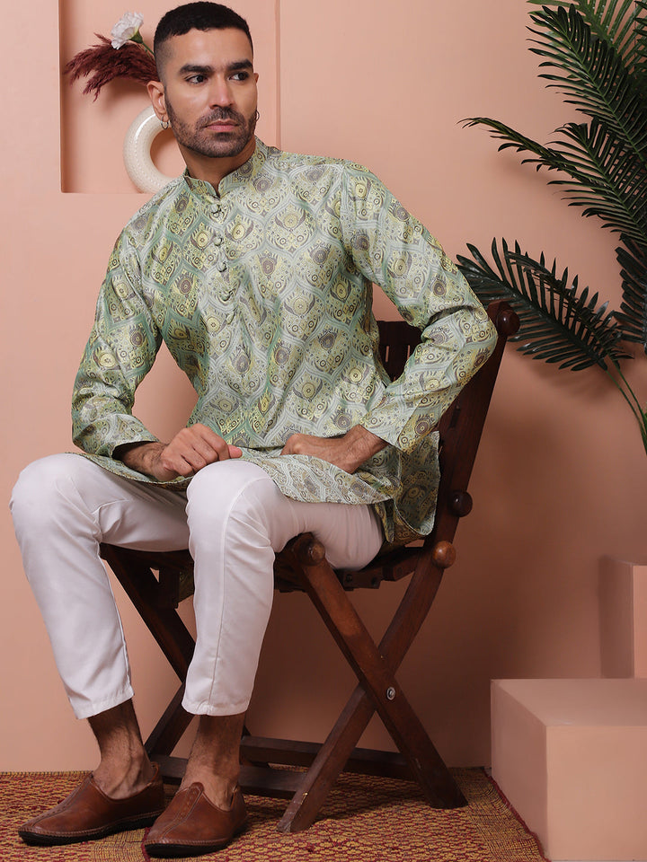 Men Pista Green Silk Blend Straight Kurtas.