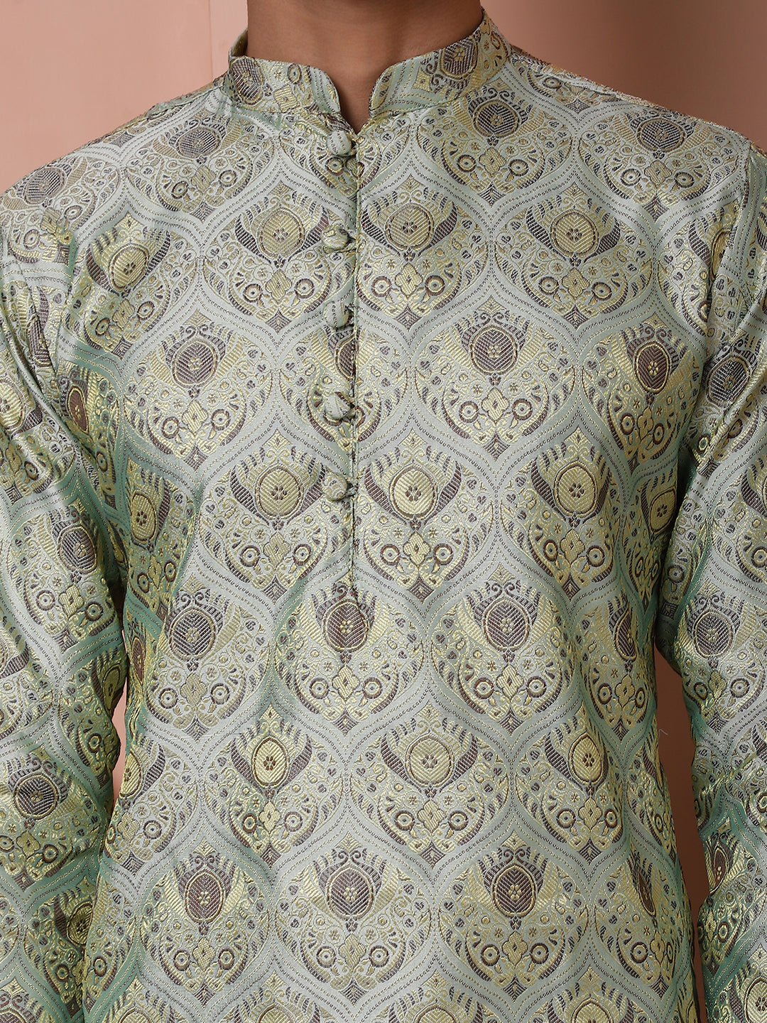 Men Pista Green Silk Blend Straight Kurtas.