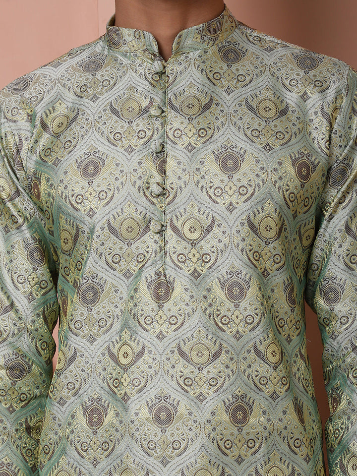 Men Pista Green Silk Blend Straight Kurtas.