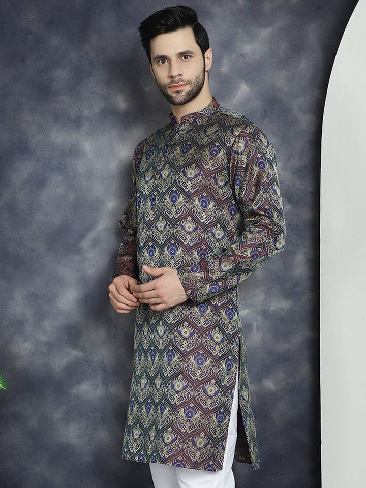 Men Purple Silk Blend Straight Kurtas