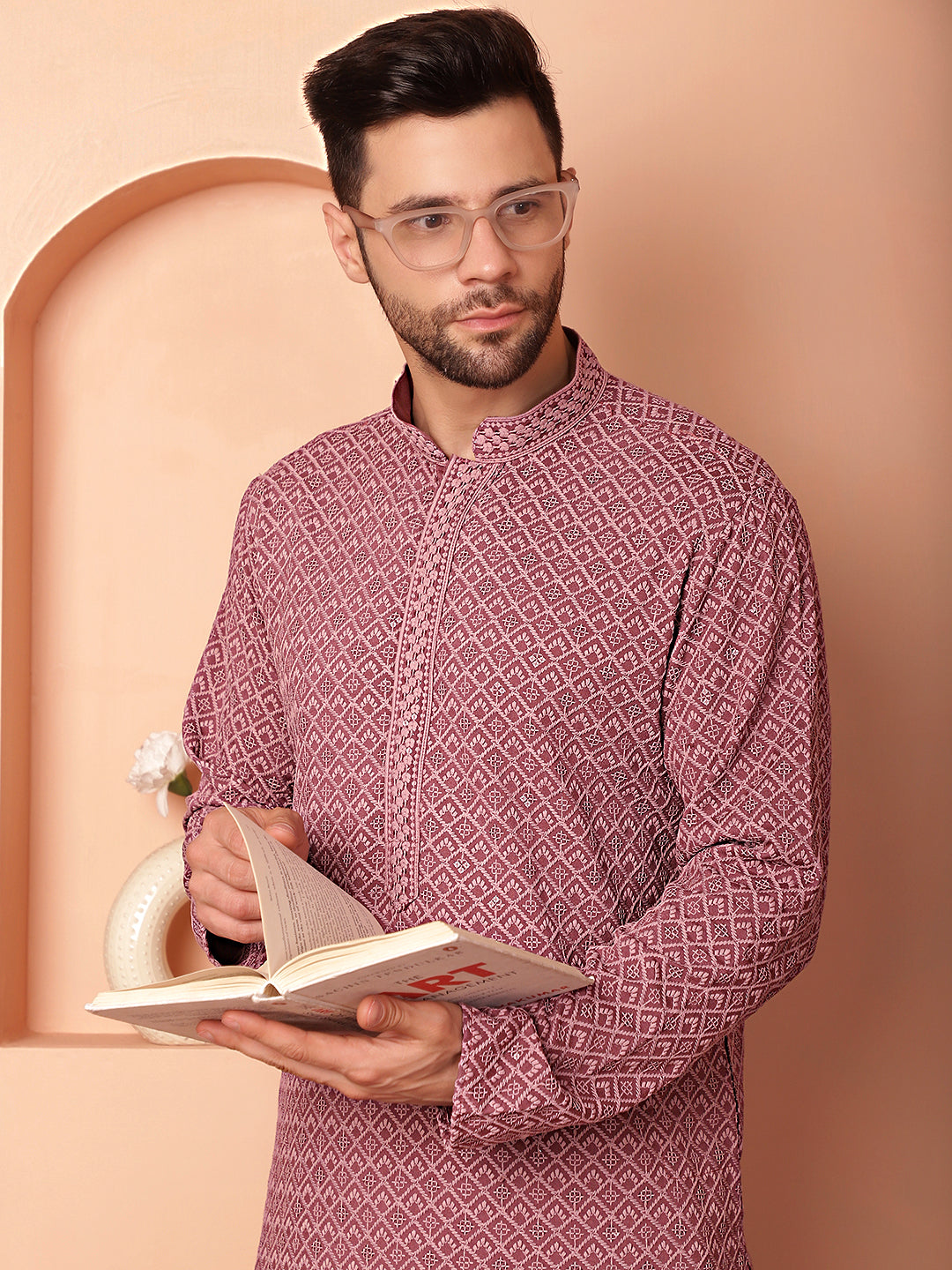 Men'S Magenta Embroidered And Sequence Kurtas